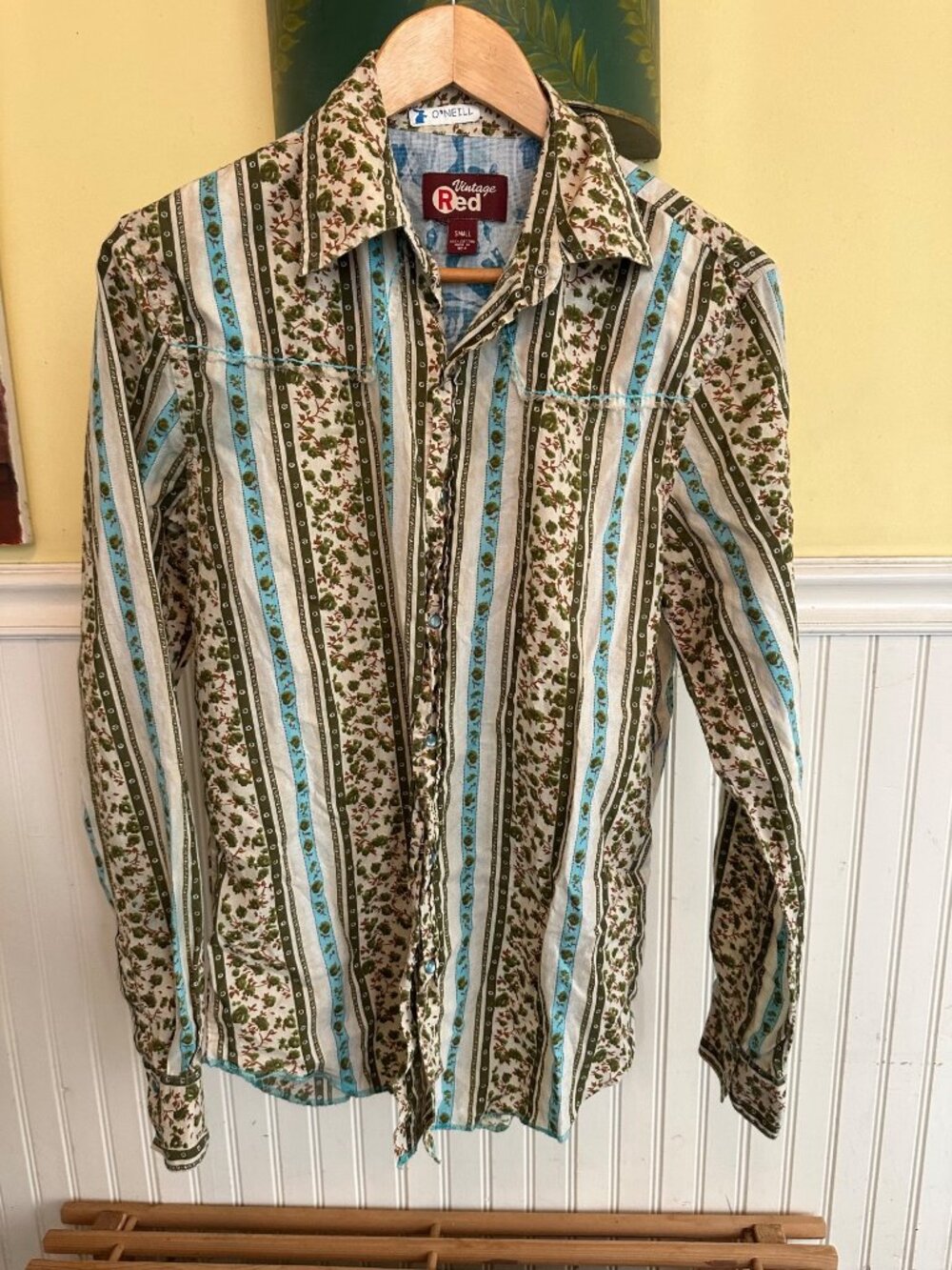 Vintage Red Womens Small Floral Striped Button-Up Shirt 100% Cotton India